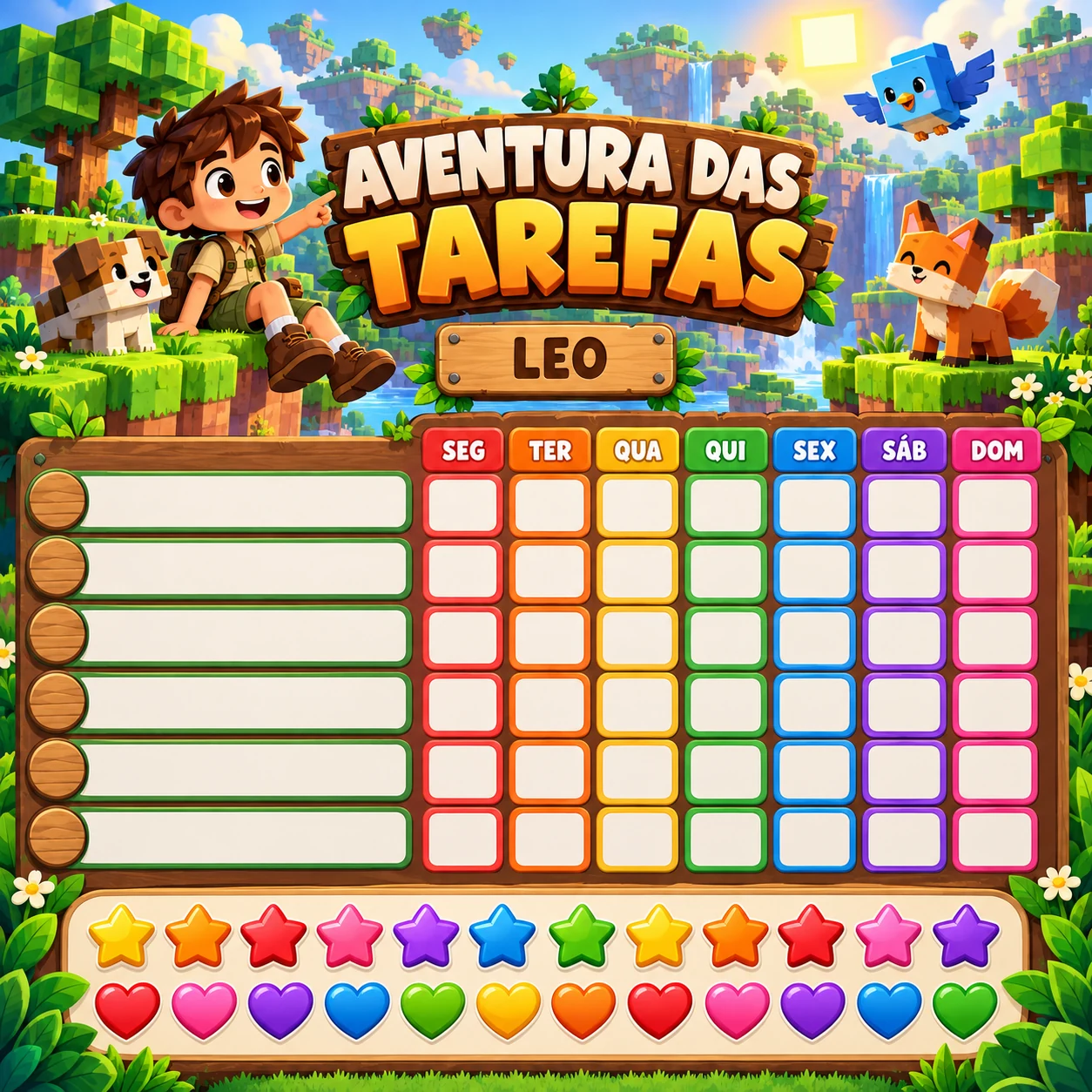 Prévia conceitual original de um quadro de tarefas infantis com cenário de aventura em blocos, nome Leo e grade semanal